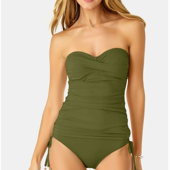 New Anne Cole Olive Green  Twist Front Bandeau Strapless  Tankini Top - Picture 3 of 12